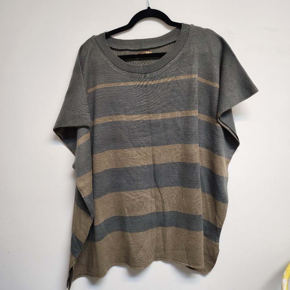 Janice Gray and Tan Striped Poncho Sweater One Size